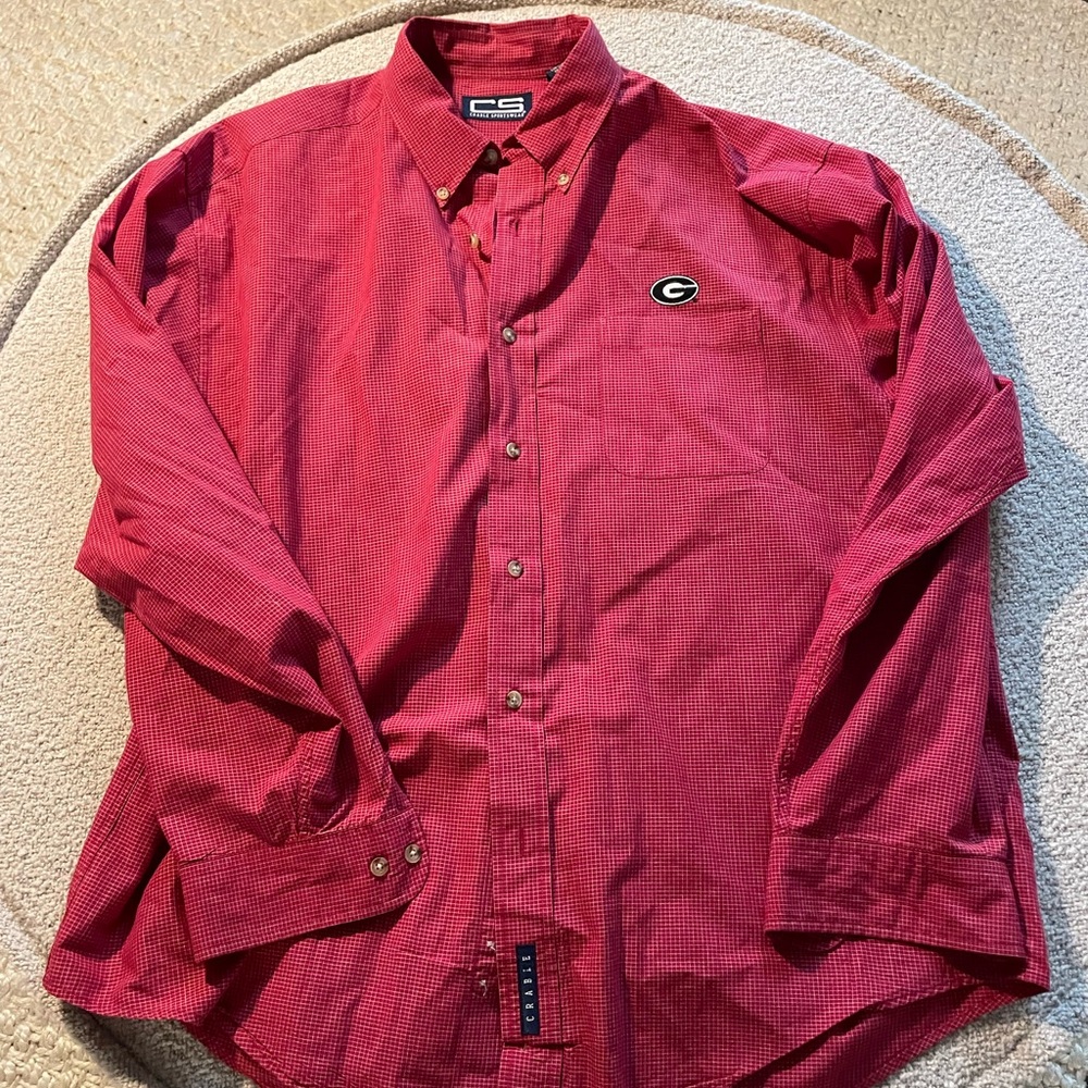 Men's Red Micro-Check Button-Down Shirt with Georgia Logo